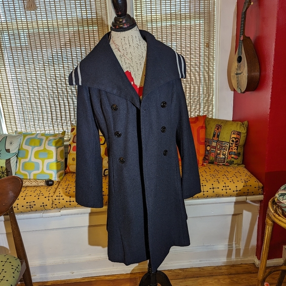 Voodoo Vixen Navy Blue Long Button Up Sailor Coat Sz L Wool - Picture 5 of 8